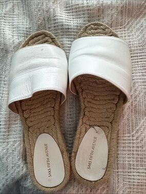 Saks Fifth Avenue White Leather Slide Rope-Trim Mules